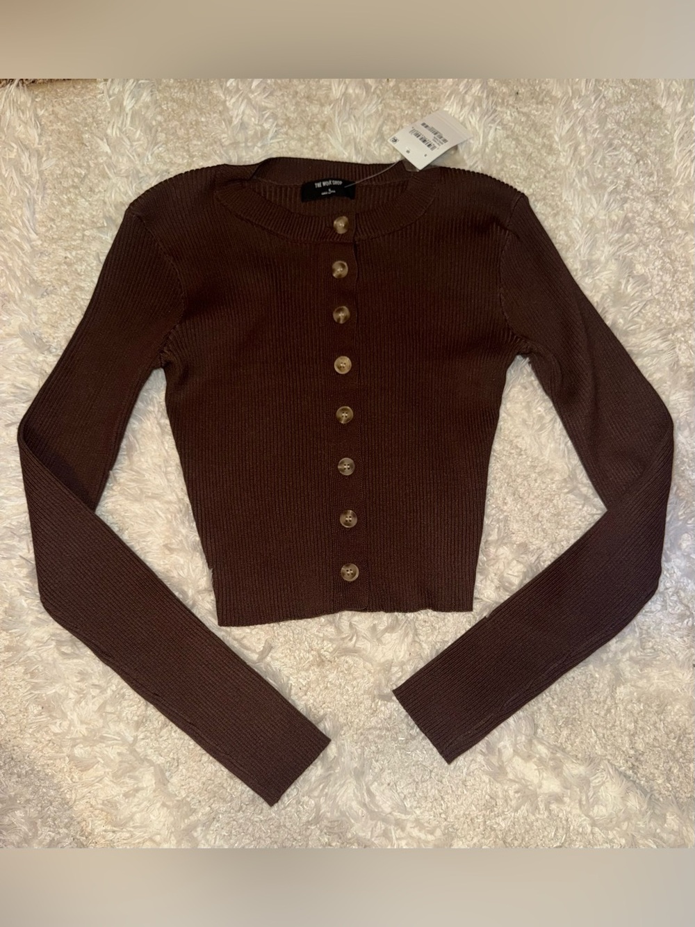 Dark Brown Ribbed Button-Front Long Sleeve Cropped Cardigan